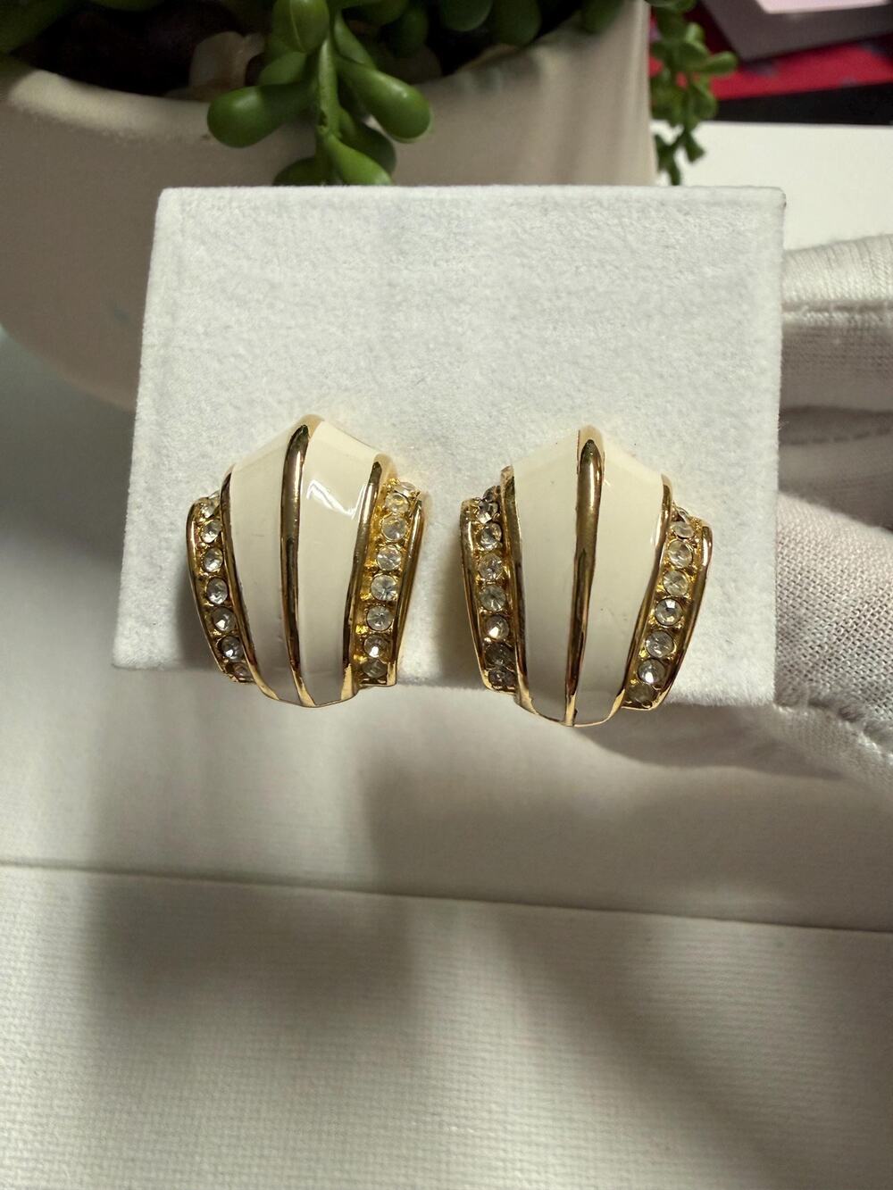 Vintage Christian Dior Clip-On Earrings Cream Enamel & Rhinestone 1980s